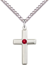 [2195SS-STN7/24SS] Sterling Silver Cross Pendant with a 3mm Ruby Swarovski stone on a 24 inch Sterling Silver Heavy Curb chain