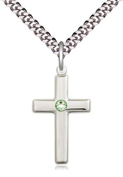 [2195SS-STN8/24S] Sterling Silver Cross Pendant with a 3mm Peridot Swarovski stone on a 24 inch Light Rhodium Heavy Curb chain