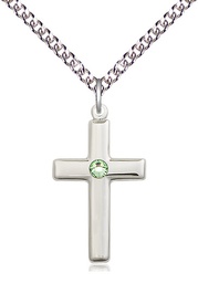 [2195SS-STN8/24SS] Sterling Silver Cross Pendant with a 3mm Peridot Swarovski stone on a 24 inch Sterling Silver Heavy Curb chain