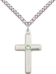 [2195SS-STN8/24SS] Sterling Silver Cross Pendant with a 3mm Peridot Swarovski stone on a 24 inch Sterling Silver Heavy Curb chain