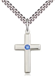 [2195SS-STN9/24S] Sterling Silver Cross Pendant with a 3mm Sapphire Swarovski stone on a 24 inch Light Rhodium Heavy Curb chain