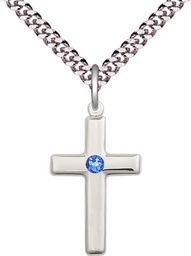 [2195SS-STN9/24S] Sterling Silver Cross Pendant with a 3mm Sapphire Swarovski stone on a 24 inch Light Rhodium Heavy Curb chain