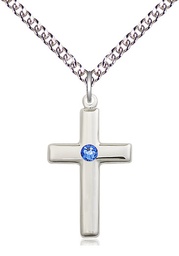 [2195SS-STN9/24SS] Sterling Silver Cross Pendant with a 3mm Sapphire Swarovski stone on a 24 inch Sterling Silver Heavy Curb chain