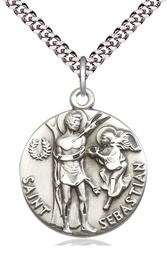 [4239SS/24S] Sterling Silver Saint Sebastian Pendant on a 24 inch Light Rhodium Heavy Curb chain