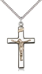 [2293GF/SS/18S] Two-Tone GF/SS Crucifix Pendant on a 18 inch Light Rhodium Light Curb chain