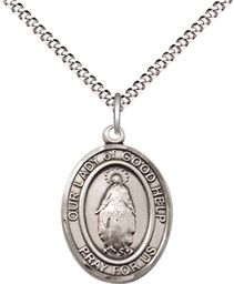 [8431SS/18S] Sterling Silver Our Lady Of Good Help Pendant on a 18 inch Light Rhodium Light Curb chain