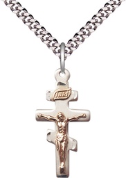[2424GF/SS/24S] Two-Tone GF/SS Greek Crucifix Pendant on a 24 inch Light Rhodium Heavy Curb chain