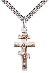 [2424GF/SS/24S] Two-Tone GF/SS Greek Crucifix Pendant on a 24 inch Light Rhodium Heavy Curb chain