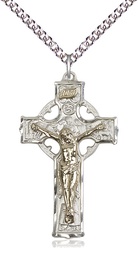 [2440GF/SS/24SS] Two-Tone GF/SS Celtic Crucifix Pendant on a 24 inch Sterling Silver Heavy Curb chain
