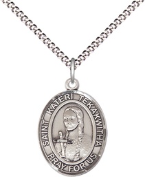 [8438SS/18S] Sterling Silver Saint Kateri Tekakwitha Pendant on a 18 inch Light Rhodium Light Curb chain