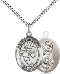 [8502SS/18S] Sterling Silver Saint Christopher Basketball Pendant on a 18 inch Light Rhodium Light Curb chain