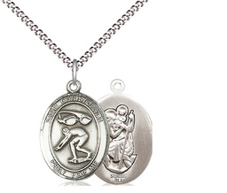 [8511SS/18S] Sterling Silver Saint Christopher Swimming Pendant on a 18 inch Light Rhodium Light Curb chain