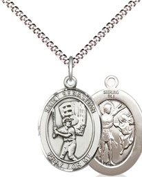 [8600SS/18S] Sterling Silver Saint Sebastian Baseball Pendant on a 18 inch Light Rhodium Light Curb chain