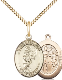 [8607GF/18G] 14kt Gold Filled Saint Sebastian Softball Pendant on a 18 inch Gold Plate Light Curb chain