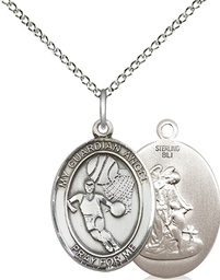 [8702SS/18SS] Sterling Silver Guardian Angel Basketball Pendant on a 18 inch Sterling Silver Light Curb chain