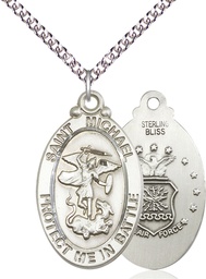 [1171SS1/24SS] Sterling Silver Saint Michael Air Force Pendant on a 24 inch Sterling Silver Heavy Curb chain