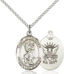 [1176SS6/18S] Sterling Silver Saint Christopher Navy Pendant on a 18 inch Light Rhodium Light Curb chain