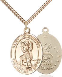 [1177GF1/24GF] 14kt Gold Filled Saint Christopher Air Force Pendant on a 24 inch Gold Filled Heavy Curb chain