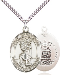 [1177SS1/24SS] Sterling Silver Saint Christopher Air Force Pendant on a 24 inch Sterling Silver Heavy Curb chain