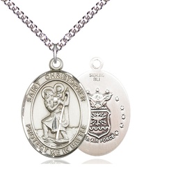 [1177SS1/24SS] Sterling Silver Saint Christopher Air Force Pendant on a 24 inch Sterling Silver Heavy Curb chain