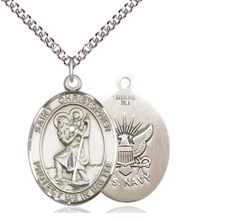 [1177SS6/24SS] Sterling Silver Saint Christopher Navy Pendant on a 24 inch Sterling Silver Heavy Curb chain