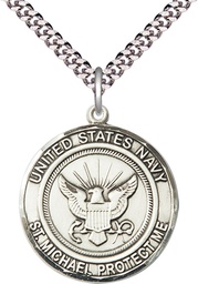 [1184SS6/24S] Sterling Silver Navy St Michael Pendant on a 24 inch Light Rhodium Heavy Curb chain