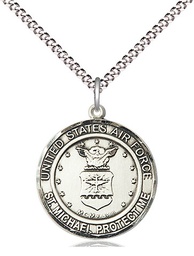[1185SS1/18S] Sterling Silver Air Force St Michael Pendant on a 18 inch Light Rhodium Light Curb chain