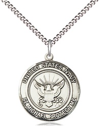 [1185SS6/18S] Sterling Silver Navy St Michael Pendant on a 18 inch Light Rhodium Light Curb chain