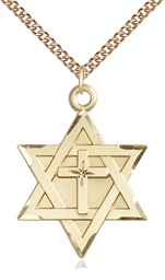 [1212YGF/24GF] 14kt Gold Filled Star of David w/ Cross Pendant on a 24 inch Gold Filled Heavy Curb chain