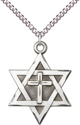 [1212YSS/24SS] Sterling Silver Star of David w/ Cross Pendant on a 24 inch Sterling Silver Heavy Curb chain