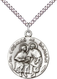 [1368SS/24SS] Sterling Silver Saints Cosmas &amp; Damian Pendant on a 24 inch Sterling Silver Heavy Curb chain