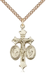 [1485GF/24GF] 14kt Gold Filled Jesus, Mary &amp; Joseph Pendant on a 24 inch Gold Filled Heavy Curb chain