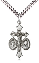 [1485SS/24S] Sterling Silver Jesus, Mary &amp; Joseph Pendant on a 24 inch Light Rhodium Heavy Curb chain