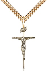 [1535GF/24G] 14kt Gold Filled Crucifix Pendant on a 24 inch Gold Plate Heavy Curb chain