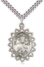 [1619CZSS/24S] Sterling Silver Our Lady of Czestochowa Pendant on a 24 inch Light Rhodium Heavy Curb chain