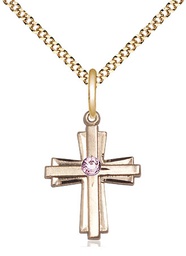 [0675YGF-STN6/18G] 14kt Gold Filled Cross Pendant with a 3mm Light Amethyst Swarovski stone on a 18 inch Gold Plate Light Curb chain