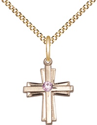 [0675YGF-STN6/18G] 14kt Gold Filled Cross Pendant with a 3mm Light Amethyst Swarovski stone on a 18 inch Gold Plate Light Curb chain