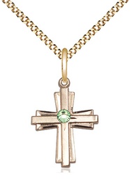 [0675YGF-STN8/18G] 14kt Gold Filled Cross Pendant with a 3mm Peridot Swarovski stone on a 18 inch Gold Plate Light Curb chain