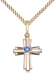 [0675YGF-STN9/18G] 14kt Gold Filled Cross Pendant with a 3mm Sapphire Swarovski stone on a 18 inch Gold Plate Light Curb chain