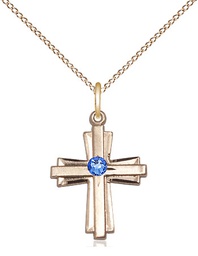 [0675YGF-STN9/18GF] 14kt Gold Filled Cross Pendant with a 3mm Sapphire Swarovski stone on a 18 inch Gold Filled Light Curb chain