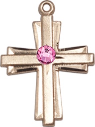 [0675YKT-STN10] 14kt Gold Cross Medal with a 3mm Rose Swarovski stone