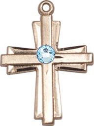 [0675YKT-STN3] 14kt Gold Cross Medal with a 3mm Aqua Swarovski stone