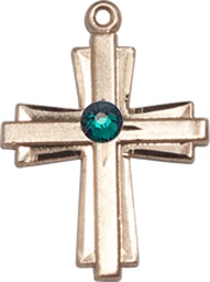 [0675YKT-STN5] 14kt Gold Cross Medal with a 3mm Emerald Swarovski stone