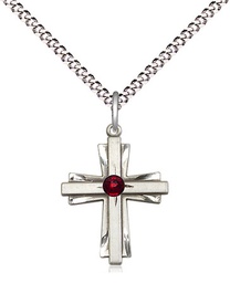 [0675YSS-STN1/18S] Sterling Silver Cross Pendant with a 3mm Garnet Swarovski stone on a 18 inch Light Rhodium Light Curb chain