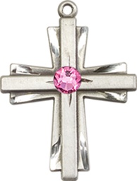 [0675YSS-STN10] Sterling Silver Cross Medal with a 3mm Rose Swarovski stone