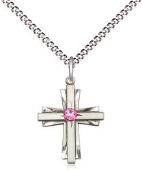 [0675YSS-STN10/18S] Sterling Silver Cross Pendant with a 3mm Rose Swarovski stone on a 18 inch Light Rhodium Light Curb chain