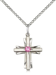 [0675YSS-STN10/18SS] Sterling Silver Cross Pendant with a 3mm Rose Swarovski stone on a 18 inch Sterling Silver Light Curb chain