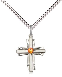 [0675YSS-STN11/18S] Sterling Silver Cross Pendant with a 3mm Topaz Swarovski stone on a 18 inch Light Rhodium Light Curb chain