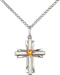 [0675YSS-STN11/18SS] Sterling Silver Cross Pendant with a 3mm Topaz Swarovski stone on a 18 inch Sterling Silver Light Curb chain