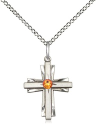 [0675YSS-STN11/18SS] Sterling Silver Cross Pendant with a 3mm Topaz Swarovski stone on a 18 inch Sterling Silver Light Curb chain